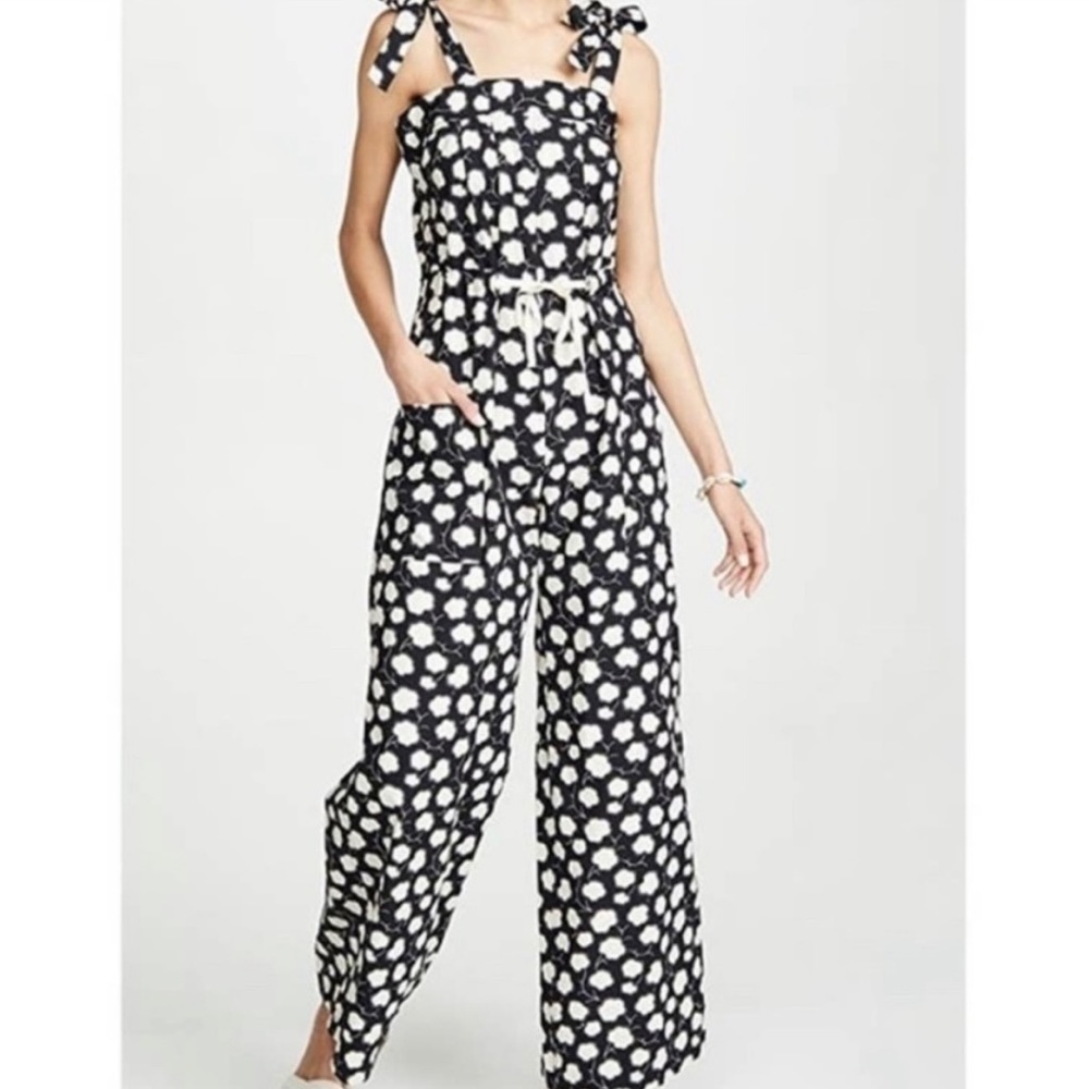 Warm Jessie Floral Cotton Sleeveless Belted Jumpsuit Black Off-White Casual